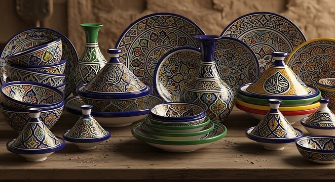 A vibrant collection of traditional Moroccan hand-painted pottery, featuring tagines, plates, bowls, and vases with intricate geometric and floral patterns in blue, green, and yellow.