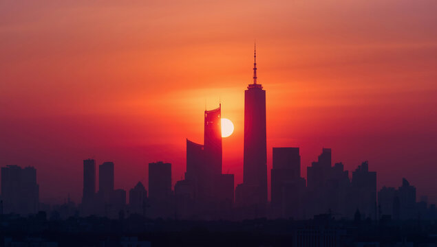 Stunning City Skyline at Sunset: Capturing Modern Architecture in Silhouetted Twilight with Dramatic Sky and Sky Reflections in a Metropolitan Area - Powered by Adobe