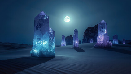 Magical Moonlit Desert: Illuminated Purple Crystals in Otherworldly Night Sky Fantasy Scenery