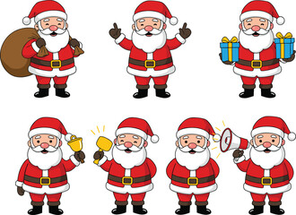 Cute Santa Claus Cartoon, Christmas Holiday Character, Gift Holding, Bell Ringing, Megaphone, Sleigh Bag, Festive Pose, Merry Christmas, Holiday Celebration, Vector Art