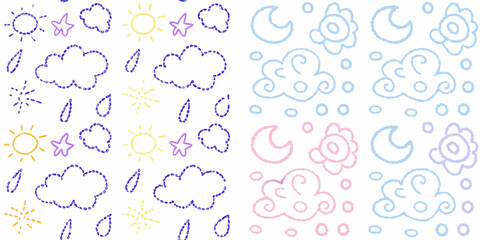 Cute hand drawn weather pattern with sun moon clouds rain and stars in pastel colors