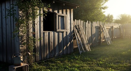 A sunlit, wooden shed with an open window, a weathered fence, and a ladder against it