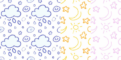 Fototapeta premium Cute hand drawn doodle pattern of clouds rain stars sun and moon in pastel colors
