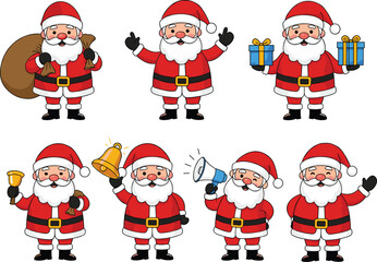 Cute Santa Claus Cartoon, Christmas Holiday Character, Gift Holding, Bell Ringing, Megaphone, Sleigh Bag, Festive Pose, Merry Christmas, Holiday Celebration, Vector Art