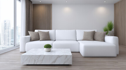 Fototapeta premium Minimalist living room with modern white sofa, marble coffee table, neutral decor, natural light