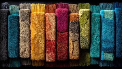 A vibrant array of rectangular textile samples, densely arranged in a spectrum of colors from deep blues and grays to bright yellows and reds, showcasing varying textures and fringe details