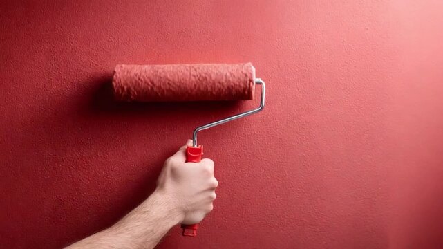 The Art of Transformation: A hand meticulously guides a paint roller, gracefully applying a vibrant layer of paint to an expanse of wall, symbolizing the art of transformation and creative expression.
