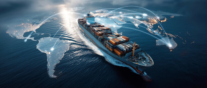 Banner of Container ship navigating global trade routes with digital connections and world map background
