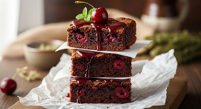 Stack of three cherry brownies drizzled with chocolate sauce, topped with a cherry and mint leaf, resting on parchment paper.
