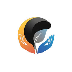 Stylized emblem cupped hands supporting leaf abstract shape plant orange blue black image isolated on a white transparent background png file download.
