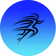 Stylized black abstract runner figure in dynamic motion on blue gradient circle running speed logo isolated on a white transparent background png file download.
