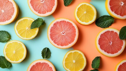 Fototapeta premium Citrus fruit slices arranged on a colorful background