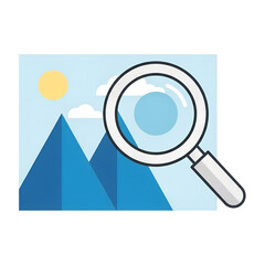 Magnifying glass examining stylized sun clouds and blue mountain landscape search lens isolated on a white transparent background png file download.
