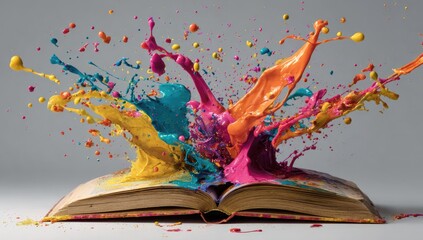 A vibrant explosion of multicolored paint erupts from an open antique book against a neutral gray backdrop, symbolizing creative energy and the birth of ideas
