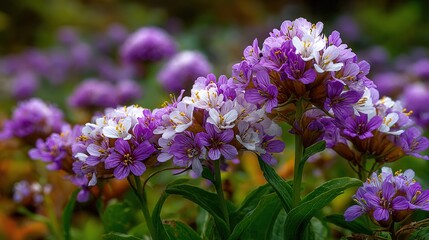 Fototapeta premium Cluster of Small Purple and White Flowers Blooming on the Lawn: Vibrant and Natural Garden Beauty