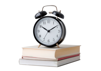 Black alarm clock on stack of books on transparent background, PNG
