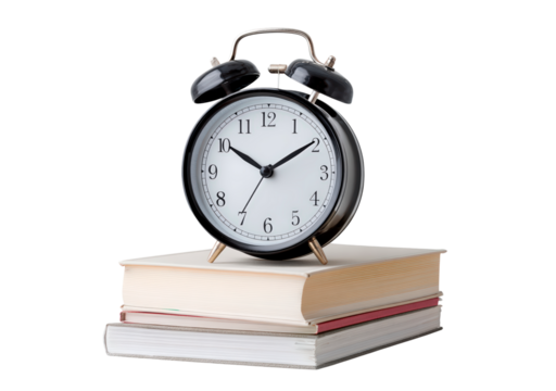 Black alarm clock on stack of books on transparent background, PNG