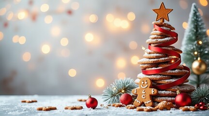 Christmas tree made of cookies decorated with ribbon and star, with gingerbread man and bokeh lights