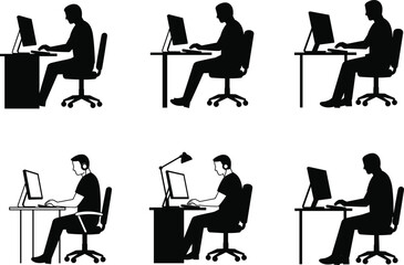 Workplace posture silhouettes, ergonomic desk setup, computer workstation positions, office worker vector icons, remote work illustration, black and white flat design graphics