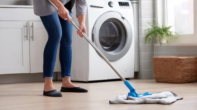 Daily Chore: Capturing a moment of domesticity, a person meticulously mops the floor of a laundry room, a symbol of cleanliness and home management.