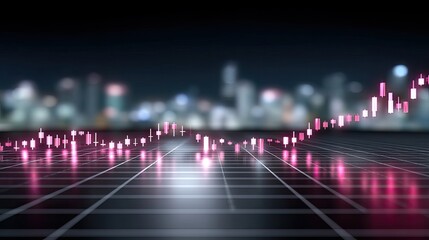 Abstract Financial Graph with Glowing Pink Lines Over a Dark Grid Background Featuring Blurred Cityscape with Bokeh Lights