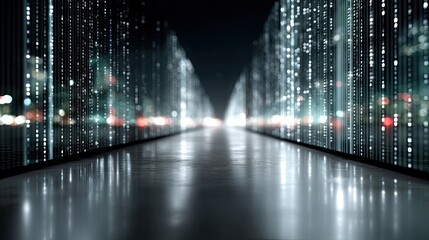 Abstract Futuristic Digital Grid with Binary Code Over Black Reflective Surface