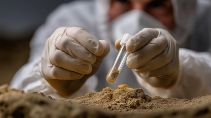 Scientist in protective gloves collecting soil sample into test tube, symbolizing laboratory research, microbiology, and environmental study.