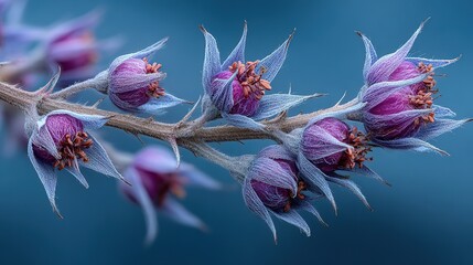 Close Up of Etched Pale Purple Flower Buds on a Thorny Stem Against a Blue Background, Delicate and Artistic Botanical Detail