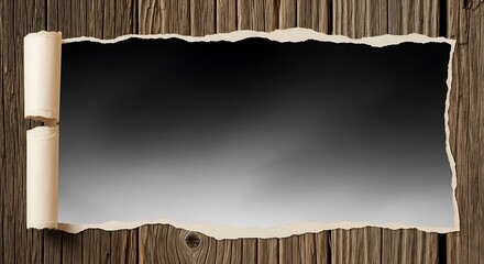 A torn piece of parchment paper with a dark gradient reveals a wooden background