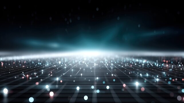 Abstract Glowing Blue Data Visualization with Low Angle Perspective on Grid Platform in Dark Environment Creating Futuristic Scene