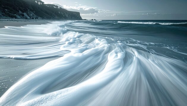Long exposure rip current streaks pulling foam seaward toned whites with upper copy area calm coastal motion background