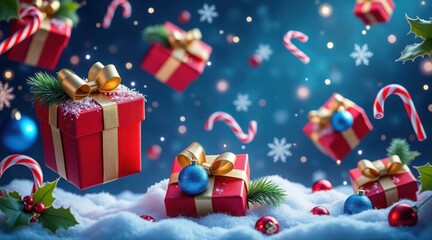 Festive christmas gifts and candy canes falling in a snowy scene with bokeh lights and snowflakes
