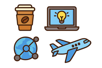 Modern lifestyle icon set for digital nomad and remote work. Coffee, technology, and travel symbols for global business, innovation, connectivity, and freelance life. Vector.