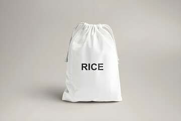 White drawstring bag with black R I C E text on neutral background rice fabric