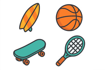 Sports icons set. Collection of sport equipment. Surfboard, basketball, skateboard, tennis racket. Vector illustration. Flat cartoon design. Healthy active lifestyle concept.