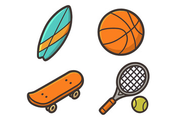 Collection of sport icons. Surfboard, basketball, skateboard, and tennis racket in a playful cartoon design. Vector illustration set of summer and team sports equipment.