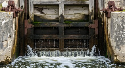 Old Wooden Lock Gate on Water Channel.