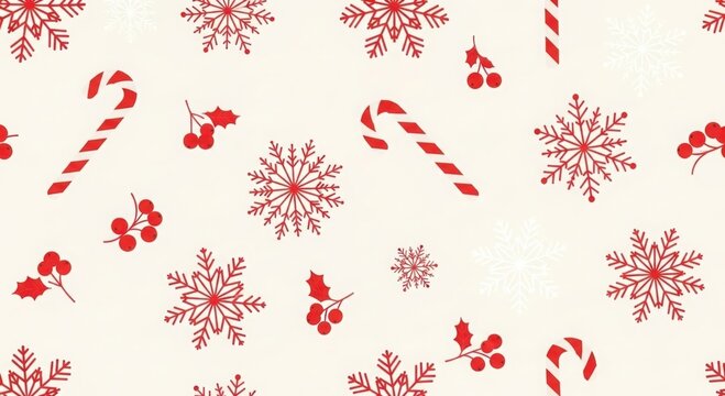 Seamless christmas pattern with red snowflakes, holly berries, and candy canes on a light background