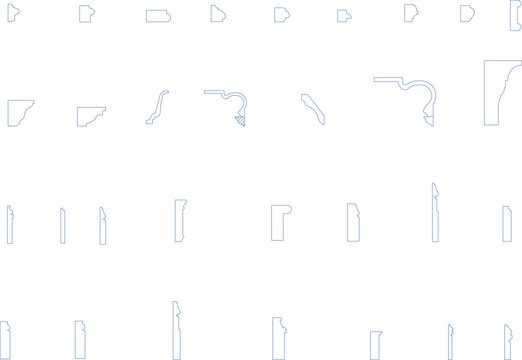 A black-and-white line drawing showcasing various architectural moldings and trim profiles. The image features a collection of cross-sectional views of different types of trim, such as baseboards.