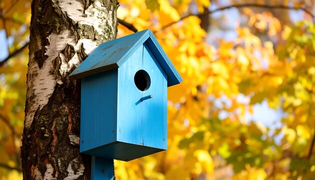 Blue birdhouse on birch tree in autumn (1) - Powered by Adobe