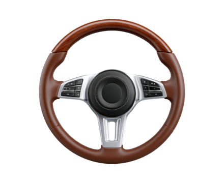 Elegant steering wheel design with wooden and metal elements on transparent background, PNG