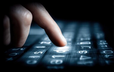 Close-up of a finger tapping on a glowing keyboard