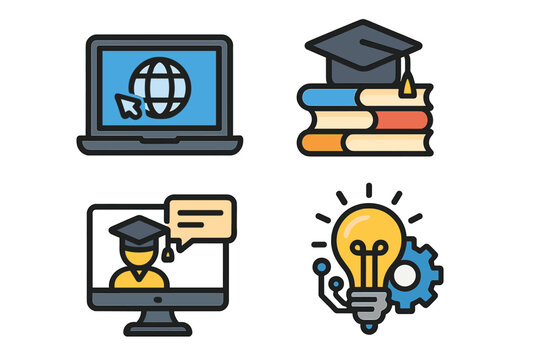 E-learning icon set for online education and distance learning. Creative symbols for university, school course, and webinar. Knowledge, technology, innovation vector icons.