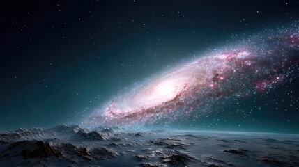 Abstract Spiral Galaxy with Glowing Core and Star Clusters over Dark Textured Terrain in Deep Space