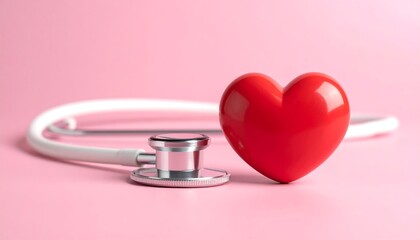 Red heart and stethoscope on pink