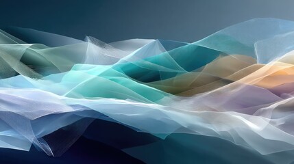 Abstract Three Dimensional Mesh Pattern with Gradient Layers in Teal Beige and White Tones Creating a Wavy Surface under Soft Lighting