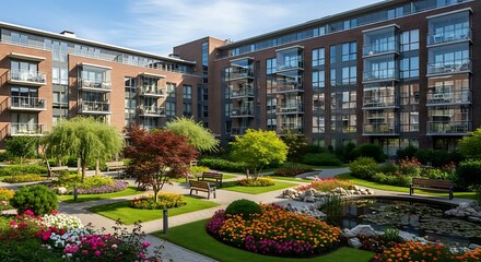 A tranquil courtyard garden nestled within a modern apartment complex, showcasing vibrant blooms and meticulously landscaped pathways