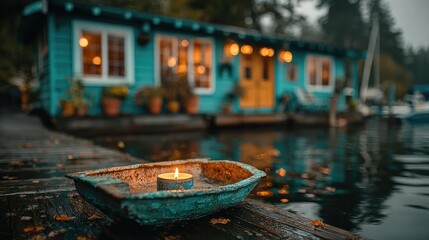 Fototapeta premium Teal cabin, candle boat, tranquil water