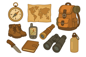 Adventure travel icon set. Exploration tools for hiking and camping. Vector illustration of backpack, compass, map, boots, binoculars. Flat design camping equipment clipart.