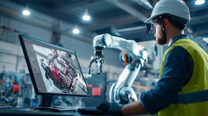 Engineer with Advanced Technology: An engineer wearing a safety helmet and glasses, skillfully controls a robotic arm via a high-tech computer interface. - Powered by Adobe